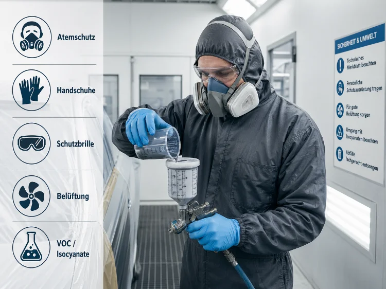 Person in Lackierkabine trägt Atemschutz, Schutzbrille, Handschuhe und Schutzanzug beim sicheren Arbeiten mit 2K Lack.