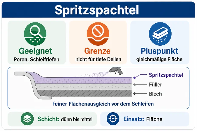 Infografik zum Spritzspachtel mit den Aussagen: geeignet für Poren und Schleifriefen, nicht für tiefe Dellen, Vorteil gleichmäßige Fläche. Der zentrale Querschnitt zeigt eine dünn bis mittlere gespritzte Schicht auf Füller und Blech sowie eine Sprühpistole als Anwendungssymbol.