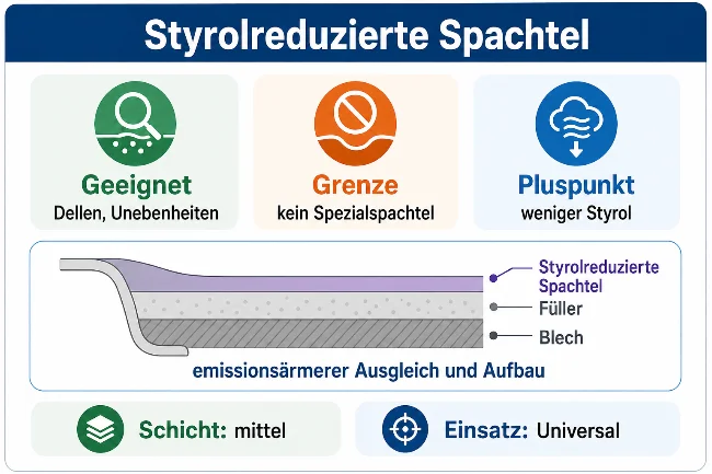 Infografik zur styrolreduzierten Spachtel mit den Punkten: geeignet für Dellen und Unebenheiten, kein Spezialspachtel, Vorteil weniger Styrol. Die zentrale Schnittzeichnung zeigt eine mittlere Spachtelschicht auf Füller und Blech. Die Grafik beschreibt den Einsatz als emissionsärmeren Ausgleich und Aufbau im Universalbereich.