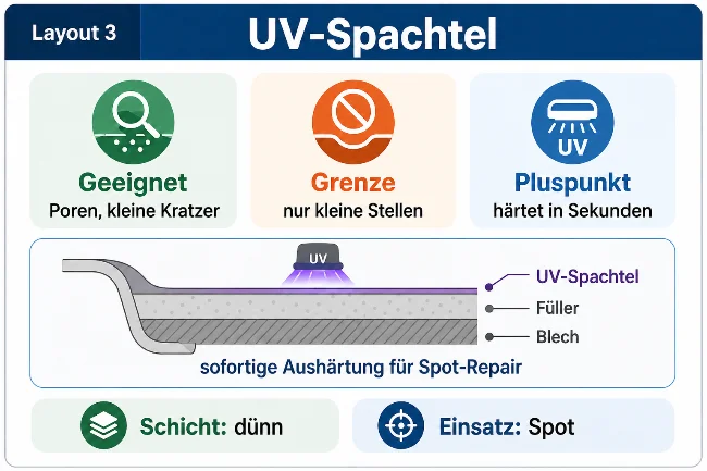Infografik zum UV-Spachtel mit den Hinweisen: geeignet für kleine Schadstellen, UV-Lampe erforderlich, Vorteil sehr schnelle Härtung. Die technische Darstellung zeigt eine dünne UV-Spachtelschicht auf Untergrund und Blech mit Symbol für UV-Aushärtung. Unten wird der Einsatz als Spot-Repair eingeordnet.