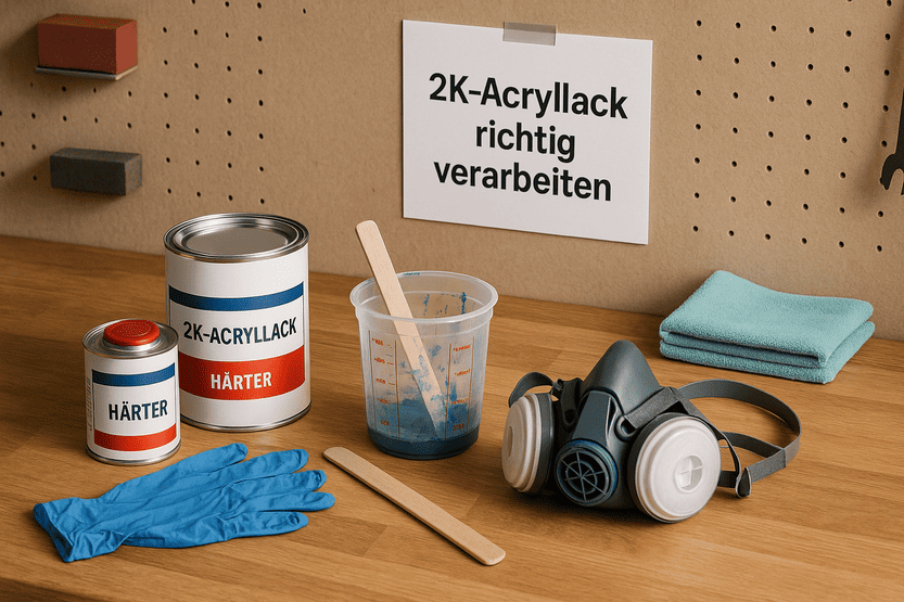 DIY-Werkbank mit 2K Acryllack, Härterdose, Mischbecher mit Lackresten, Atemschutzmaske, Handschuhen und Anleitung „2K-Acryllack richtig verarbeiten“