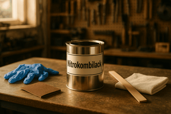Geöffnete Metall-Lackdose mit dem Aufdruck „Nitrokombilack“ auf einer Werkbank, daneben ein Schleifpad, ein Holzrührstab, ein weißes Tuch und blaue Schutzhandschuhe in einer Werkstattumgebung.