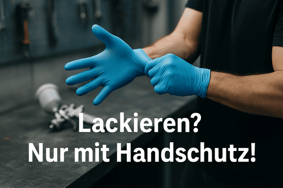 Mann zieht blaue Lackierhandschuhe an, im Hintergrund liegt eine Lackierpistole auf der Werkbank – Vorbereitung für sicheres Arbeiten in der Werkstatt.