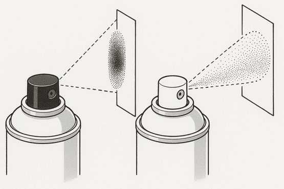 Technische Illustration zweier Sprühköpfe auf Spraydosen: links ein Rundstrahl-Sprühkopf mit engem, konzentriertem Sprühbild, rechts ein Breitstrahl-Sprühkopf mit weitem, gleichmäßig verteiltem Sprühbild.