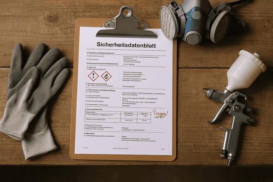 Sicherheitsdatenblatt auf einem Klemmbrett, daneben Schutzhandschuhe, Atemschutzmaske und Lackierpistole auf einer Holzwerkbank.