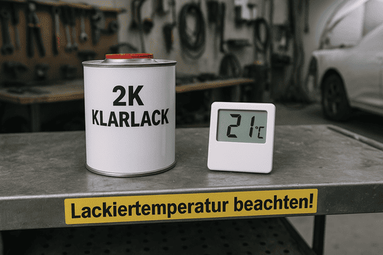 Dose 2K-Klarlack und Thermometer mit 21 °C auf Werkbank, gelber Hinweis „Lackiertemperatur beachten!“ – Fokus auf optimale Verarbeitungstemperatur.