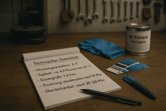 Offenes Notizbuch mit Infos aus einem Technisches Datenblatt (TDS), daneben Handschuhe, Farbkarte, Stift und Klarlackdose auf Werkbank.