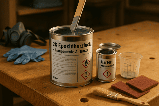 Geöffnete Dose 2K Epoxidharzlack mit Rührstab auf Werkbank, daneben Härterdose, Messbecher, Schleifvlies, Pinsel und Schutzhandschuhe – Werkstattumgebung in natürlichem Licht.