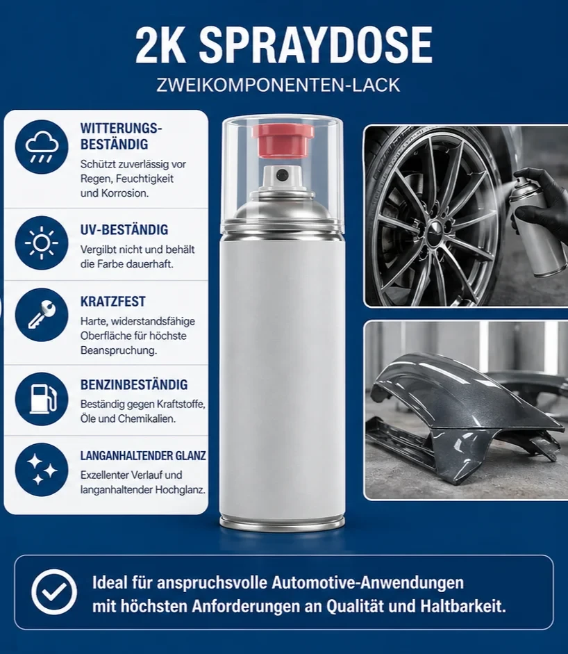 Infografik einer 2K Spraydose als Zweikomponenten-Lack. In der Mitte steht eine unmarkierte Spraydose mit transparentem Deckel und rotem Auslöseknopf. Links werden die Eigenschaften Witterungsbeständigkeit, UV-Beständigkeit, Kratzfestigkeit, Benzinbeständigkeit und langanhaltender Glanz genannt. Rechts sind Anwendungsbeispiele aus dem Automotive-Bereich zu sehen, darunter eine Felge beim Lackieren und ein glänzend lackiertes Karosserieteil. Unten wird die 2K Spraydose als Lösung für anspruchsvolle Anwendungen mit hohen Anforderungen an Qualität und Haltbarkeit beschrieben.