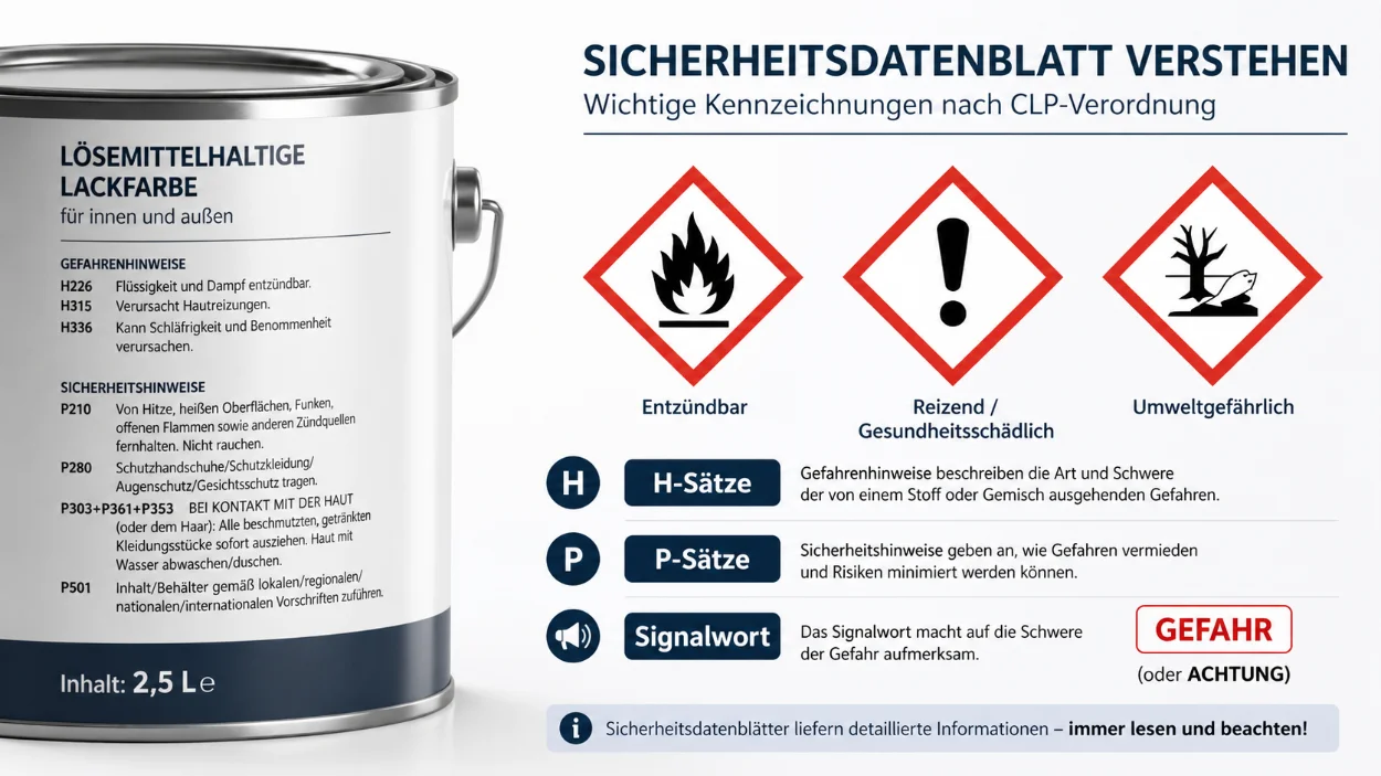 Infografik mit einer lösemittelhaltigen Lackfarbe links und drei großen CLP-Gefahrensymbolen rechts. Die Symbole zeigen eine Flamme für entzündbare Stoffe, ein Ausrufezeichen für reizende oder gesundheitsschädliche Stoffe und ein Umweltzeichen für umweltgefährliche Stoffe. Darunter werden H-Sätze als Gefahrenhinweise, P-Sätze als Sicherheitshinweise und das Signalwort „Gefahr“ beziehungsweise „Achtung“ erklärt. Die Grafik trägt die Überschrift „Sicherheitsdatenblatt verstehen“.