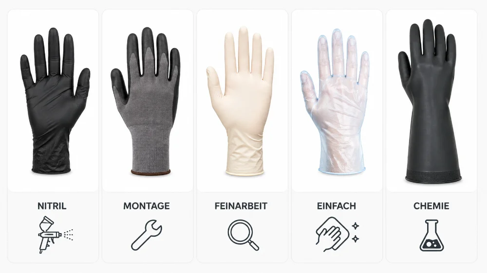 Infografik mit fünf nebeneinander angeordneten Handschuhtypen auf hellem Hintergrund. Zu sehen sind ein schwarzer Nitrilhandschuh für Lackierarbeiten, ein grauer Montagehandschuh mit schwarzer Beschichtung, ein heller Latexhandschuh für Feinarbeiten, ein transparenter Vinylhandschuh für einfache Arbeiten und ein langer schwarzer Chemikalienschutzhandschuh. Unter jedem Handschuh steht eine kurze Kategoriebezeichnung mit passendem Icon: Lackierpistole, Schraubenschlüssel, Lupe, Reinigungstuch und Chemieflasche. Das Bild zeigt die wichtigsten Unterschiede der Handschuhe auf einen Blick.