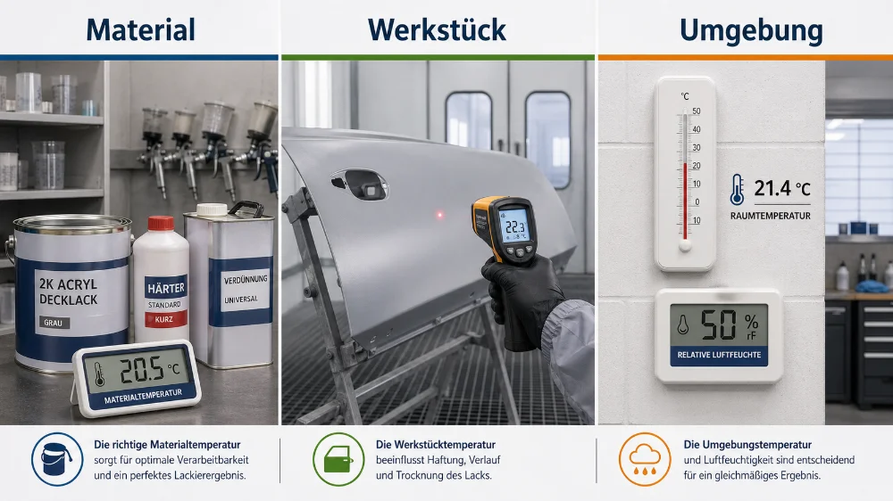 Dreigeteilte Infografik zum Thema Lackiertemperatur. Links sind Lackmaterialien wie 2K-Acryl-Decklack, Härter und Verdünnung mit einer angezeigten Materialtemperatur von 20,5 °C zu sehen. In der Mitte wird die Werkstücktemperatur an einem grauen Karosserieteil mit einem Infrarot-Thermometer gemessen; das Gerät zeigt 22,3 °C. Rechts zeigt die Umgebung eine Raumtemperatur von 21,4 °C und eine relative Luftfeuchtigkeit von 50 %. Die Grafik erklärt, dass Material-, Werkstück- und Umgebungstemperatur gemeinsam Haftung, Verlauf, Trocknung und ein gleichmäßiges Lackierergebnis beeinflussen.