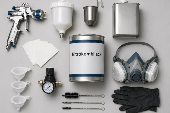 Flatlay auf hellgrauem Hintergrund mit einer Dose Nitrokombilack im Zentrum. Um die Dose sind Zubehörteile für die Spritzlackierung angeordnet: links oben eine Lackierpistole, darüber beziehungsweise daneben ein weißer Farbbecher und ein kleiner Metallbecher, rechts oben ein rechteckiger Metallbehälter für Verdünnung oder Reiniger. Rechts neben der Dose liegt eine Atemschutzmaske mit zwei Filtern, darunter schwarze Schutzhandschuhe. Links unten befinden sich Lackfilter beziehungsweise Trichter, Papierfilter und ein Druckregler mit Manometer. Unten in der Mitte liegen mehrere Reinigungsbürsten für Lackierpistole und Düsen. Das Bild zeigt eine übersichtliche Zusammenstellung von Nitrokombilack und typischem Zubehör für Vorbereitung, Auftrag, Arbeitsschutz und Reinigung.