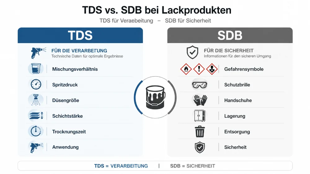 Zweiteilige Infografik mit dem Vergleich von TDS und SDB bei Lackprodukten. Links zeigt die blaue TDS-Spalte typische Angaben zur Verarbeitung wie Mischungsverhältnis, Spritzdruck, Düsengröße, Schichtstärke, Trocknungszeit und Anwendung. Rechts zeigt die graue SDB-Spalte sicherheitsrelevante Informationen wie Gefahrensymbole, Schutzbrille, Handschuhe, Lagerung, Entsorgung und Sicherheit. In der Mitte befindet sich ein Symbol einer Lackdose.