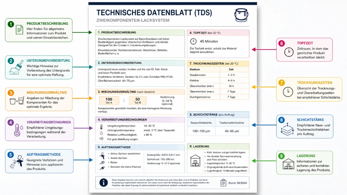 Infografik eines technischen Datenblatts für ein Zweikomponenten-Lacksystem. Das zentrale Datenblatt ist in neun farblich markierte Bereiche gegliedert: Produktbeschreibung, Untergrundvorbereitung, Mischungsverhältnis, Verarbeitungsbedingungen, Auftragsmethode, Topfzeit, Trocknungszeiten, Schichtstärke und Lagerung. Pfeile und nummerierte Hinweisboxen erklären, welche Informationen in den einzelnen Abschnitten eines TDS zu finden sind.