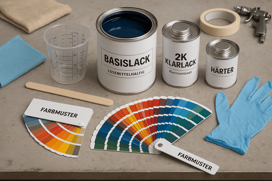 Auf der Werkbank liegen Farbfächer, ein Messbecher, Handschuhe und drei Dosen für konventioneller Basislack, 2K Klarlack und Härter – ideal zur Lackvorbereitung.