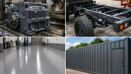 Viergeteilte Collage mit Einsatzbereichen für 2K Epoxidharzlack. Zu sehen sind ein beschichtetes Maschinengehäuse in einer industriellen Umgebung, ein lackiertes Fahrzeugchassis, ein glänzender grauer Industrieboden in einer Werkstatt und eine beschichtete Metall- oder Containerwand im Außenbereich.