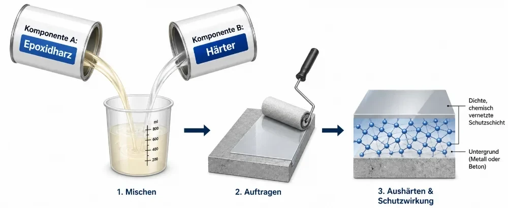 Technische Infografik zum Aufbau von 2K Epoxidharzlack. Komponente A Epoxidharz und Komponente B Härter werden in einen Mischbecher gegossen, anschließend mit einer Rolle auf einen Untergrund aufgetragen und härten zu einer dichten, chemisch vernetzten Schutzschicht auf Metall oder Beton aus.