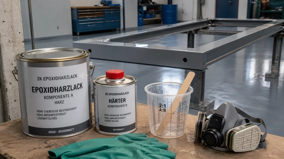 Werkstattszene mit 2K Epoxidharzlack und Härter auf einer Werkbank. Daneben stehen ein Mischbecher mit Holzrührstab, Schutzhandschuhe und eine Atemschutzmaske. Im Hintergrund ist ein grau lackierter Metallrahmen auf einem glänzenden Industrieboden zu sehen.