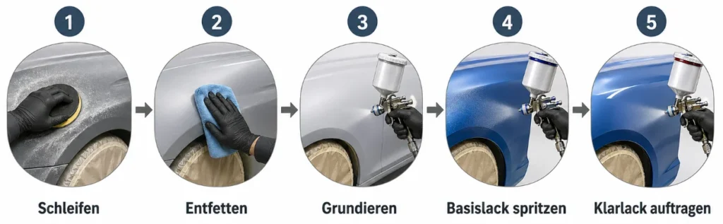 Infografik mit fünf Arbeitsschritten zur Autolackierung mit konventionellem Basislack. Die Grafik zeigt von links nach rechts: Schleifen einer Karosseriefläche, Entfetten mit einem Tuch, Grundieren mit der Lackierpistole, Spritzen des blauen Basislacks und abschließendes Auftragen von Klarlack. Pfeile verbinden die einzelnen Schritte.