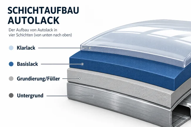 Infografik zum Schichtaufbau einer Autolackierung. Ein Querschnitt eines Fahrzeugblechs zeigt vier Schichten von unten nach oben: Untergrund, Grundierung/Füller, blauer Basislack und transparenter Klarlack. Beschriftungen mit Linien markieren jede Schicht und verdeutlichen, dass der Basislack die Farbe liefert und der Klarlack die schützende Oberfläche bildet.