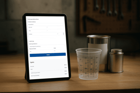 Ein Tablet mit einem geöffneten Mischungsverhältnis Rechner steht auf einem Holztisch in einer Werkstatt. Rechts daneben befinden sich ein leerer Messbecher und zwei unbeschriftete Lackdosen, die auf den praktischen Einsatz der digitalen Anwendung hinweisen.
