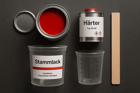Vogelperspektive der Komponenten für einen roten 2K-Polyurethanlack: Eine offene Dose mit rotem Lack, eine Dose Härter, zwei transparente Mischbecher und ein Rührstab aus Holz liegen auf einer dunklen Oberfläche.