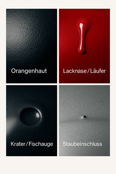 Collage, die vier häufige Lackierfehler zeigt: Oben links Orangenhaut auf schwarzem Lack, oben rechts eine Lacknase auf rotem Lack, unten links ein Krater auf blauem Lack und unten rechts ein Staubeinschluss auf silbernem Lack.