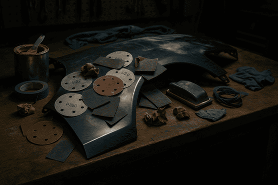 Ein unordentlicher Arbeitsplatz in einer Werkstatt, der die Folgen des Schleifens ohne Schleifplan darstellt: Ein Autokotflügel liegt zwischen durcheinandergeworfenem Schleifpapier verschiedener Körnungen, Spachtelresten und Werkzeugen.