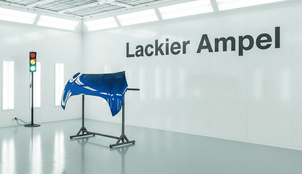 Professionelle Lackierkabine mit dem Schriftzug Lackier-Ampel an der Wand. Eine Ampel auf Grün signalisiert gute Bedingungen für das blau lackierte Bauteil.