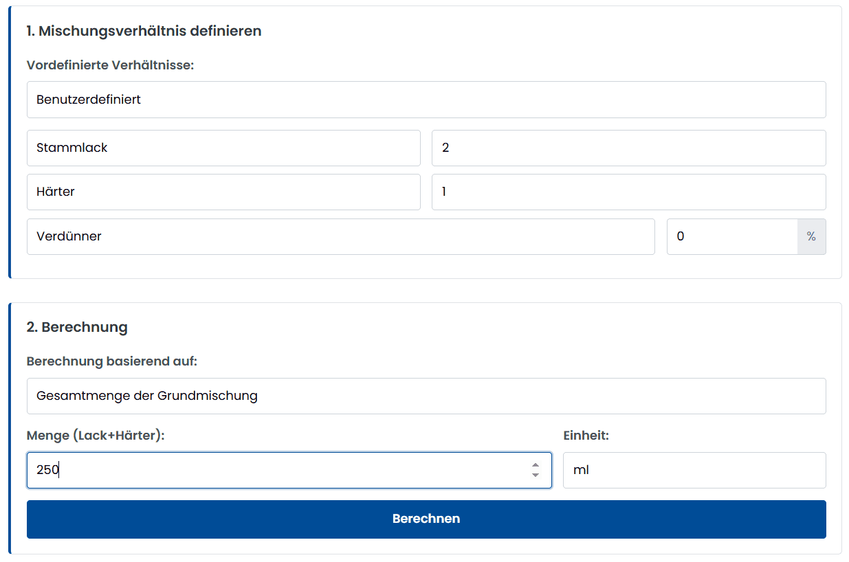 Screenshot des Mischungsverhältnis Rechners auf einem Tablet, der die Eingabe für Stammlack, Härter und Verdünner sowie die Mengenangabe für die Grundmischung zeigt.
