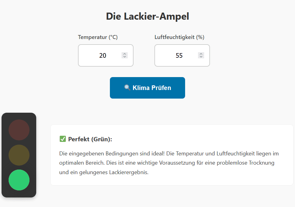 Screenshot des Online-Tools Die Lackier-Ampel. Bei 20 Grad und 55% Luftfeuchtigkeit zeigt die Ampel Grün und gibt eine positive Empfehlung für die Lackierarbeit.