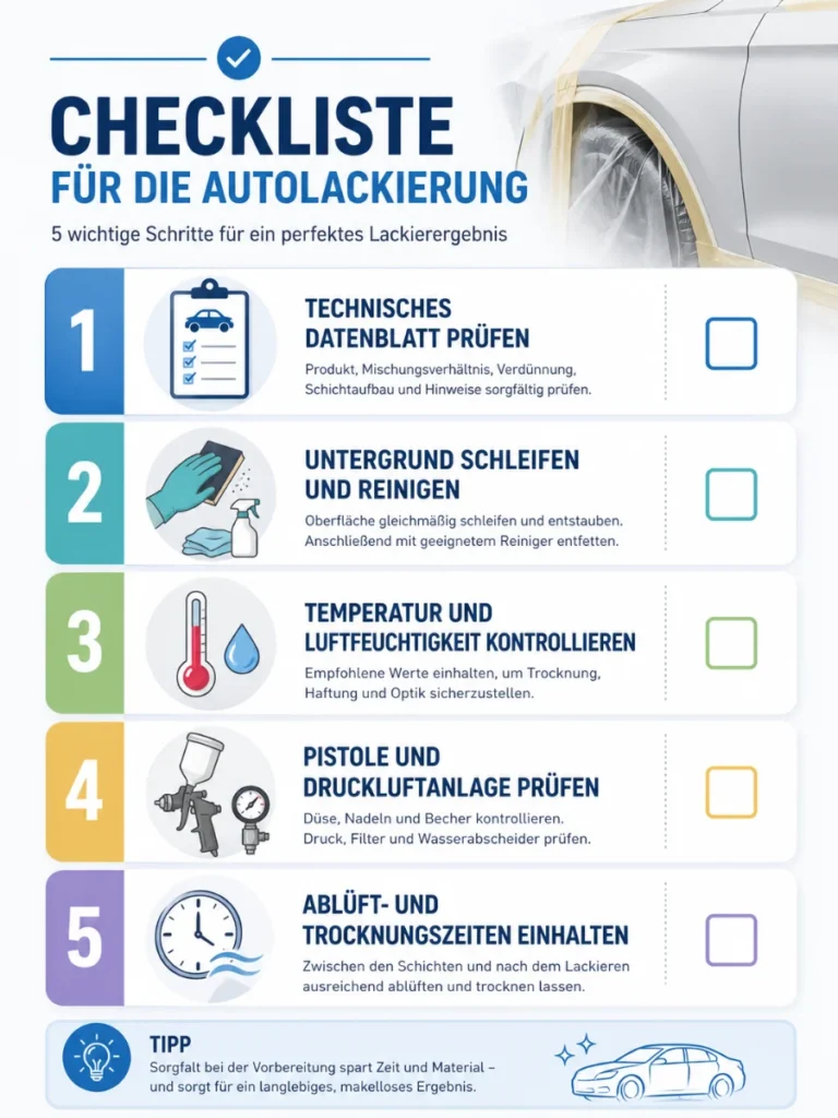 Vertikale Checklisten-Infografik mit dem Titel „Checkliste für die Autolackierung“. Die Grafik zeigt fünf nummerierte Schritte für ein gutes Lackierergebnis: technisches Datenblatt prüfen, Untergrund schleifen und reinigen, Temperatur und Luftfeuchtigkeit kontrollieren, Pistole und Druckluftanlage prüfen sowie Ablüft- und Trocknungszeiten einhalten. Jeder Schritt ist mit einem passenden Symbol dargestellt, darunter Klemmbrett, Schleifpad, Thermometer, Spritzpistole und Uhr. Rechts oben ist ein vorbereitetes Fahrzeugteil mit Abklebung zu sehen. Unten steht ein Tipp zur sorgfältigen Vorbereitung für ein langlebiges und makelloses Ergebnis.