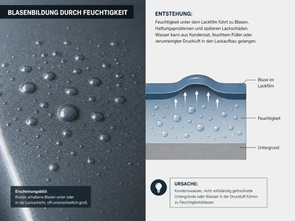 Infografik zur Blasenbildung durch Feuchtigkeit im Autolack. Links zeigt eine Nahaufnahme einer dunklen Lackoberfläche mit vielen runden, erhabenen Blasen unter dem Lackfilm. Rechts erklärt ein Schichtdiagramm, wie Feuchtigkeit unter der Lackschicht eingeschlossen wird und den Lackfilm nach oben drückt. Die Grafik nennt Kondenswasser, nicht vollständig getrocknete Untergründe und Wasser in der Druckluft als typische Ursachen.