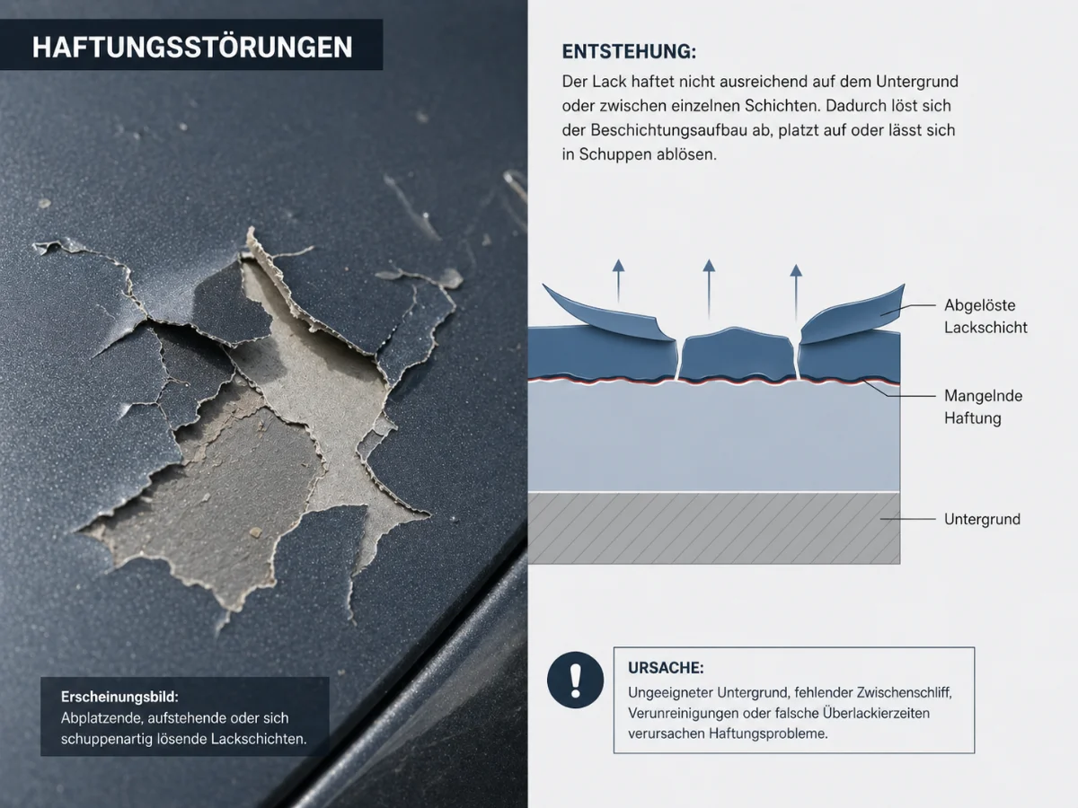 Technische Infografik zu Haftungsstörungen im Autolack. Links ist eine Nahaufnahme einer dunklen Lackfläche mit abplatzenden, hochstehenden und schuppenartig gelösten Lackschichten zu sehen. Rechts zeigt ein Querschnitt, wie sich Lackschichten durch mangelnde Haftung vom Untergrund oder voneinander lösen. Die Grafik erklärt Ursachen wie ungeeigneten Untergrund, fehlenden Zwischenschliff, Verunreinigungen oder falsche Überlackierzeiten.