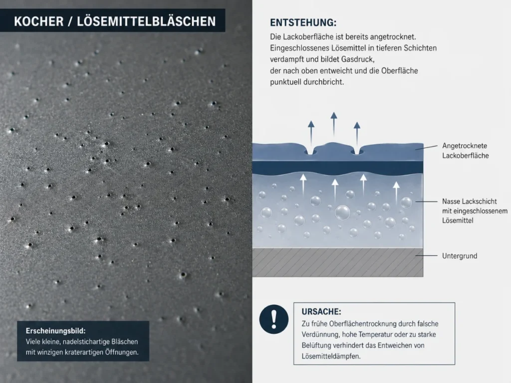 Technische Infografik zum Lackierfehler Kocher und Lösemittelbläschen. Links ist eine Makroaufnahme einer lackierten Oberfläche mit vielen kleinen nadelstichartigen Öffnungen und winzigen Kratern zu sehen. Rechts zeigt ein Schichtdiagramm eine bereits angetrocknete Lackoberfläche über einer nassen Lackschicht mit eingeschlossenem Lösemittel. Pfeile zeigen, wie Lösemitteldampf nach oben entweicht und die Oberfläche punktuell durchbricht.