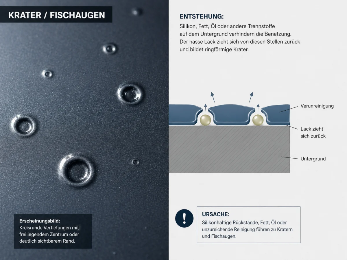 Infografik zum Lackierfehler Krater und Fischaugen. Links zeigt eine Makroaufnahme eine glänzende Lackoberfläche mit kreisrunden Vertiefungen und scharf abgegrenzten Kraterrändern. Rechts erklärt ein technisches Schichtdiagramm, wie Verunreinigungen wie Silikon, Fett oder Öl die Benetzung verhindern und der Lack sich von diesen Stellen zurückzieht. Die Grafik zeigt Ursache, Erscheinungsbild und den Zusammenhang zwischen Untergrundverunreinigung und Kraterbildung.