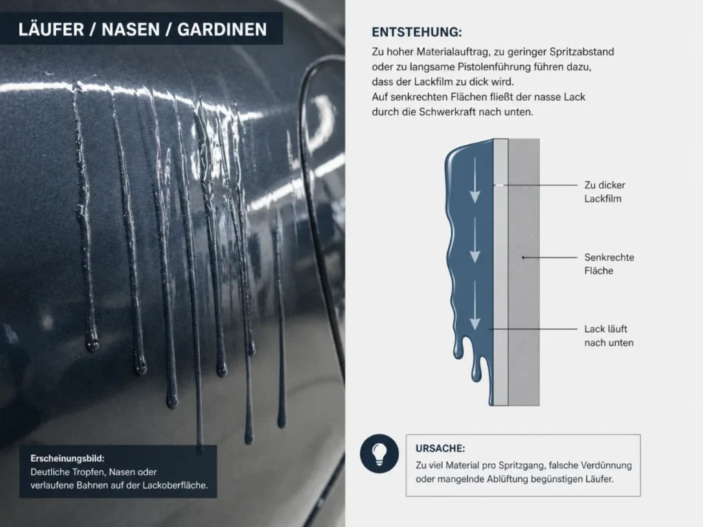 Technische Infografik zum Lackierfehler Läufer, Nasen und Gardinen. Links ist eine Nahaufnahme einer dunklen, glänzenden Autolackfläche mit deutlich sichtbaren senkrechten Lackläufern und Tropfenbahnen zu sehen. Rechts erklärt eine schematische Darstellung, wie ein zu dicker Lackfilm auf einer senkrechten Fläche durch die Schwerkraft nach unten läuft. Ergänzend werden Erscheinungsbild und Ursache des Fehlers beschrieben.