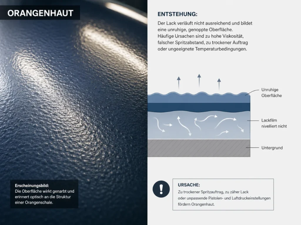 Infografik zum Lackierfehler Orangenhaut. Links zeigt eine Makroaufnahme eine dunkle, glänzende Autolackfläche mit unruhiger, genoppter Struktur und verzerrten Lichtreflexen. Rechts zeigt ein Schichtdiagramm, dass der Lackfilm nicht ausreichend verläuft und dadurch eine wellige Oberfläche entsteht. Die Grafik nennt typische Ursachen wie zu zäher Lack, falscher Spritzabstand oder ungeeignete Temperaturbedingungen.