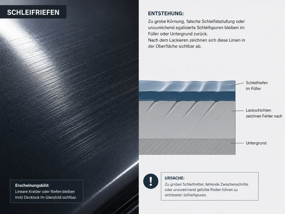 Infografik zum Lackierfehler Schleifriefen. Links zeigt eine Makroaufnahme einer dunklen, glänzenden Lackoberfläche mit vielen linearen Kratzern und Riefen, die im Glanzbild sichtbar bleiben. Rechts erklärt ein Schichtdiagramm, wie Schleifriefen im Füller oder Untergrund durch die Lackschichten nachgezeichnet werden. Die Grafik nennt zu grobes Schleifmittel, fehlende Zwischenschritte und unzureichend gefüllte Riefen als Ursachen.