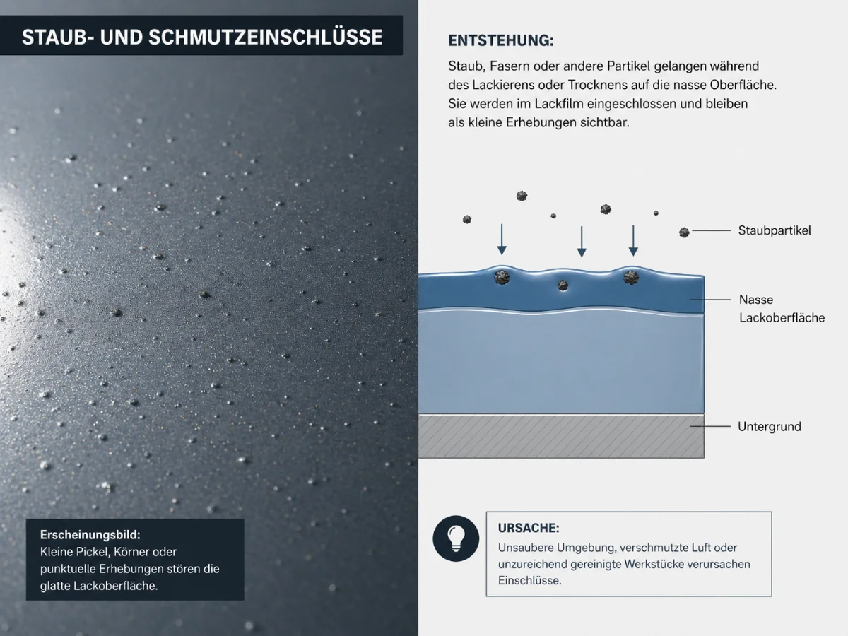 Technische Infografik zu Staub- und Schmutzeinschlüssen im Lack. Links ist eine Nahaufnahme einer dunklen Lackoberfläche mit vielen kleinen Pickeln, Körnern und punktuellen Erhebungen zu sehen. Rechts zeigt eine schematische Lackschicht, wie Staubpartikel auf die nasse Lackoberfläche fallen und im Lackfilm eingeschlossen werden. Die Grafik erklärt als Ursachen unter anderem unsaubere Umgebung, verschmutzte Luft und unzureichend gereinigte Werkstücke.