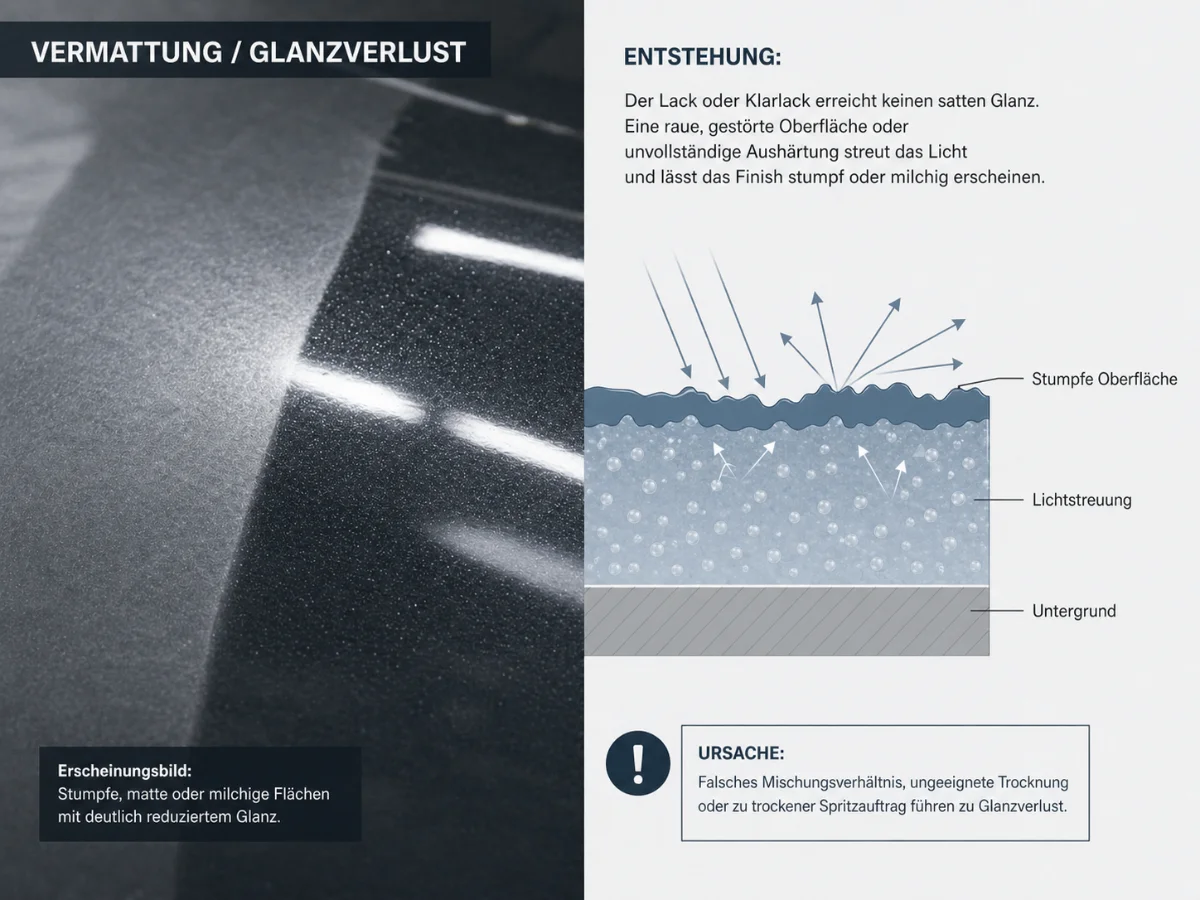 Infografik zum Lackierfehler Vermattung und Glanzverlust. Links zeigt eine dunkle Autolackfläche den Unterschied zwischen einer matten, milchigen Oberfläche und einem glänzenden Bereich mit klaren Lichtreflexen. Rechts erklärt ein Schichtdiagramm, wie eine raue oder gestörte Klarlackoberfläche Licht streut und dadurch stumpf wirkt. Die Grafik nennt falsches Mischungsverhältnis, ungeeignete Trocknung und zu trockenen Spritzauftrag als mögliche Ursachen.