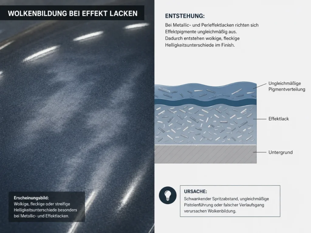 Technische Infografik zur Wolkenbildung bei Effektlacken. Links ist eine glänzende Metallic-Lackfläche mit wolkigen, fleckigen und streifigen Helligkeitsunterschieden zu sehen. Rechts zeigt ein Schichtdiagramm die ungleichmäßige Verteilung und Ausrichtung von Effektpigmenten im Lack. Die Grafik erklärt, dass schwankender Spritzabstand, ungleichmäßige Pistolenführung oder ein falscher Verlaufsgang Wolkenbildung verursachen können.