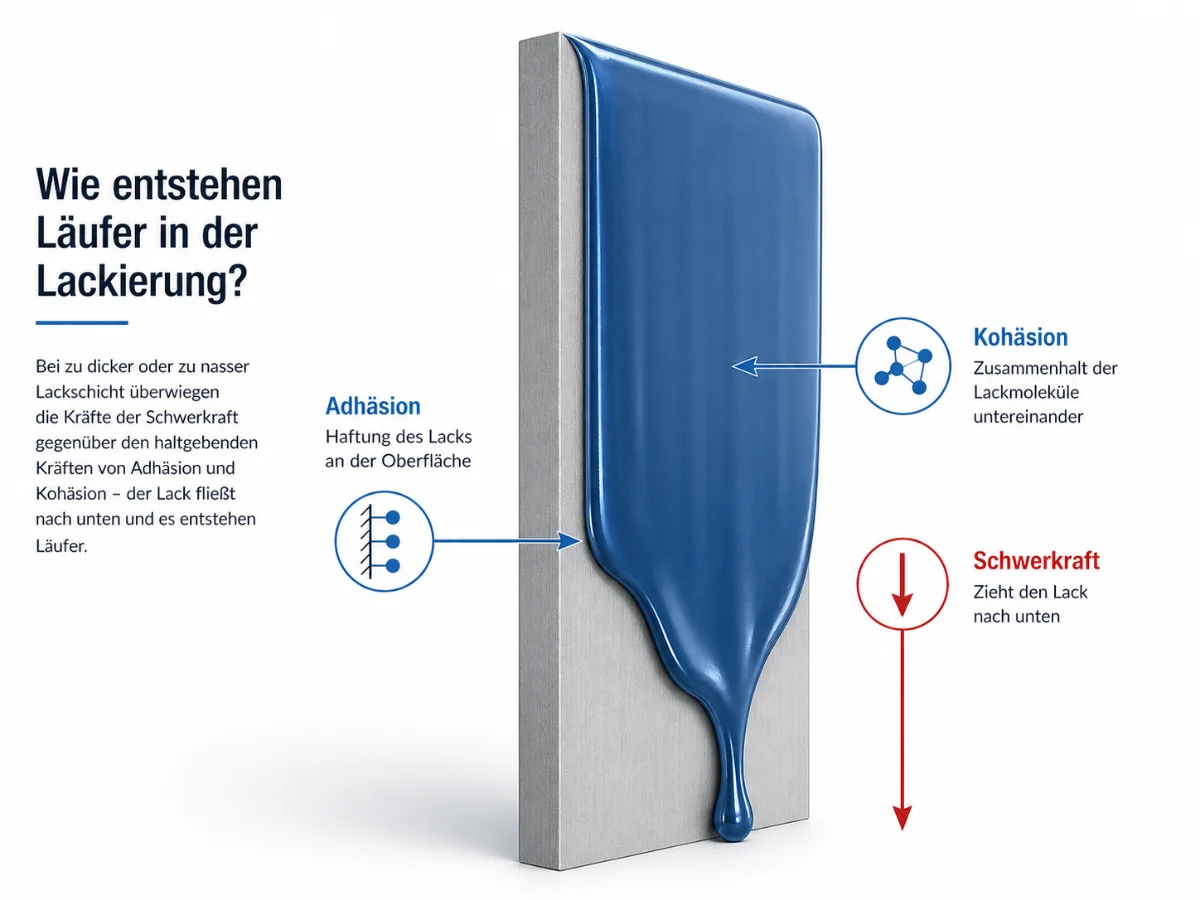 Technische Infografik zur Entstehung von Lackläufern beim Lackieren. In der Mitte ist eine senkrechte Metallplatte zu sehen, auf der eine dicke blaue Lackschicht nach unten läuft und am unteren Ende einen Tropfen bildet. Links wird der Begriff Adhäsion erklärt, also die Haftung des Lacks an der Oberfläche. Rechts wird Kohäsion als Zusammenhalt der Lackmoleküle dargestellt. Unten rechts zeigt ein roter Pfeil die Schwerkraft, die den Lack nach unten zieht. Die Grafik verdeutlicht, warum zu viel oder zu nasser Lack auf senkrechten Flächen Läufer bildet.