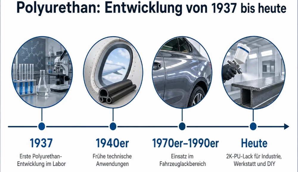 Horizontale Timeline zur Entwicklung von Polyurethan von 1937 bis heute. Die erste Station zeigt ein Labor mit Reagenzgläsern, Mikroskop und chemischen Formeln. Die zweite Station zeigt technische Anwendungen der 1940er-Jahre mit Flugzeugfenster und Dichtungsprofilen. Die dritte Station zeigt den Einsatz im Fahrzeuglackbereich der 1970er- bis 1990er-Jahre anhand einer glänzend lackierten Autokarosserie. Die letzte Station zeigt den heutigen Einsatz von 2K-PU-Lack in Industrie, Werkstatt und DIY mit einer Lackierpistole und einem beschichteten Metallträger.