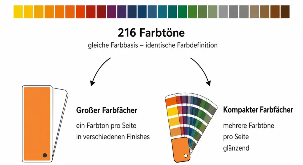 Infografik mit einer Reihe farbiger Farbkacheln und der zentralen Angabe „216 Farbtöne“. Darunter wird erklärt, dass beide Farbfächer auf derselben Farbbasis und identischen Farbdefinition beruhen. Links ist ein großer Farbfächer mit einem Farbton pro Seite dargestellt, rechts ein kompakter Farbfächer mit mehreren Farbtönen pro Seite.