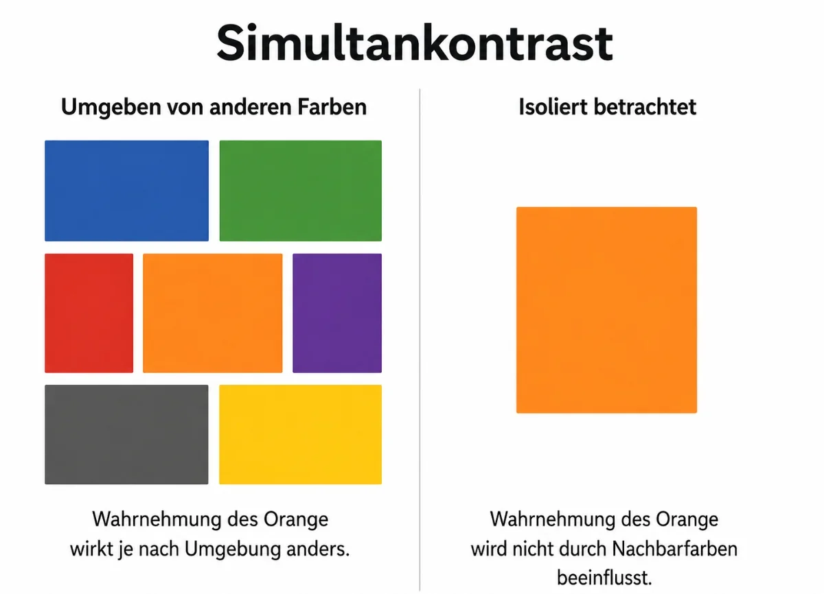 Infografik mit der Überschrift „Simultankontrast“. Links ist ein orangefarbenes Farbfeld zwischen blauen, grünen, roten, violetten, grauen und gelben Farbflächen platziert. Rechts ist dasselbe orangefarbene Farbfeld einzeln auf weißem Hintergrund zu sehen. Die Grafik zeigt, dass die Wahrnehmung einer Farbe durch benachbarte Farben beeinflusst werden kann.
