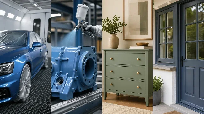 Viergeteilte Bildcollage mit typischen Anwendungsbereichen von Wasserlack: links ein blaues Auto in einer modernen Lackierkabine, daneben ein industrielles Metallbauteil, das mit einer Lackierpistole blau beschichtet wird. Rechts davon steht eine grün lackierte Kommode in einem Wohnraum, ganz rechts sind dunkel lackierte Fenster und eine Haustür an einer Hausfassade zu sehen.