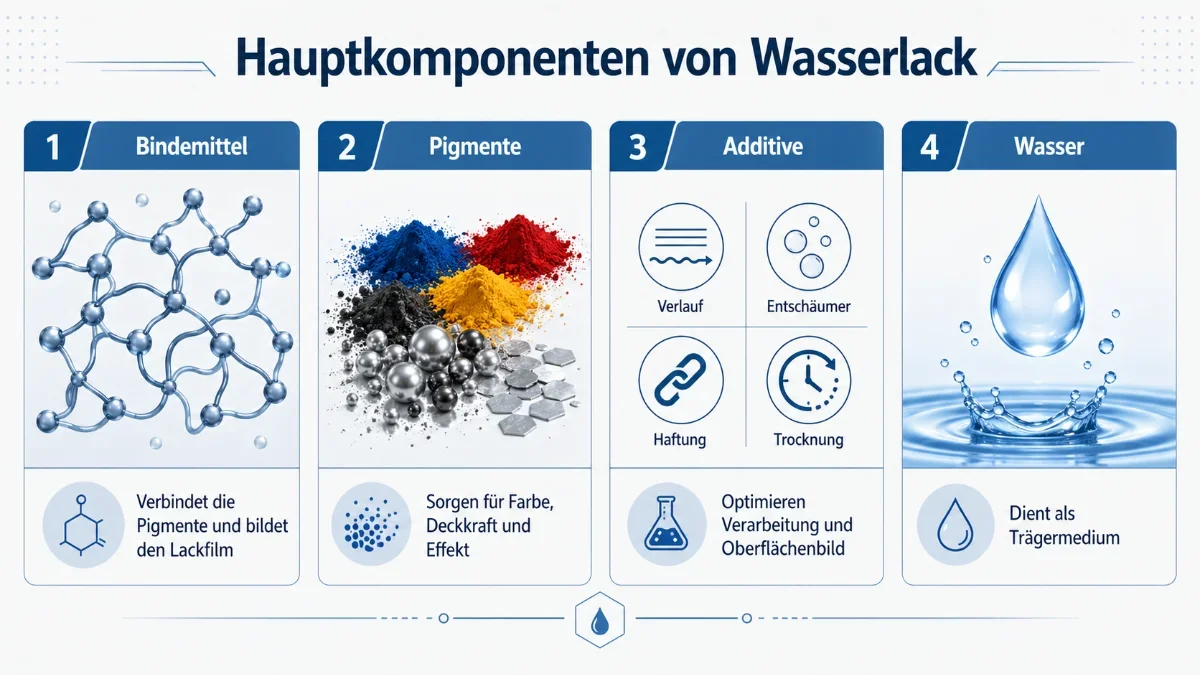 Technische Infografik mit der Überschrift „Hauptkomponenten von Wasserlack“. Vier Kacheln erklären die Bestandteile: Bindemittel als Molekülstruktur, das Pigmente verbindet und den Lackfilm bildet; Pigmente als farbige Pulver und Metallpartikel für Farbe, Deckkraft und Effekt; Additive mit Symbolen für Verlauf, Entschäumer, Haftung und Trocknung; Wasser als großer Tropfen mit Spritzwasser, das als Trägermedium dient.