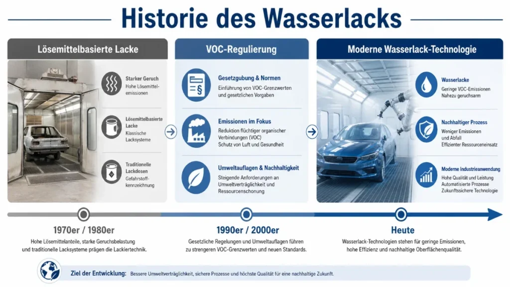 Horizontale Infografik mit der Überschrift „Historie des Wasserlacks“. Links zeigt sie lösemittelbasierte Lacke der 1970er und 1980er Jahre mit alter Lackierkabine, starkem Geruch, hohen Lösemittelemissionen und traditionellen Lackdosen. In der Mitte wird die VOC-Regulierung der 1990er und 2000er Jahre mit Gesetzgebung, Emissionsreduktion und Umweltauflagen dargestellt. Rechts zeigt die Grafik moderne Wasserlack-Technologie mit Auto in sauberer Lackierkabine, geringer VOC-Emission, nachhaltigem Prozess und moderner Industrieanwendung.